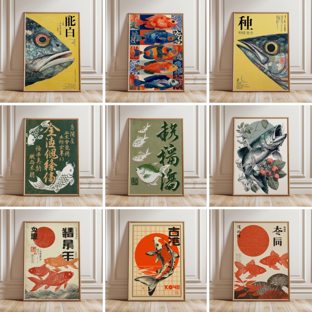 Japanese Zen Lifestyle - 金魚ポスター 日本鯉ポスター キャンバス禅水画ポスター 禅水画ウォールアート ホームデコレーション 壁画