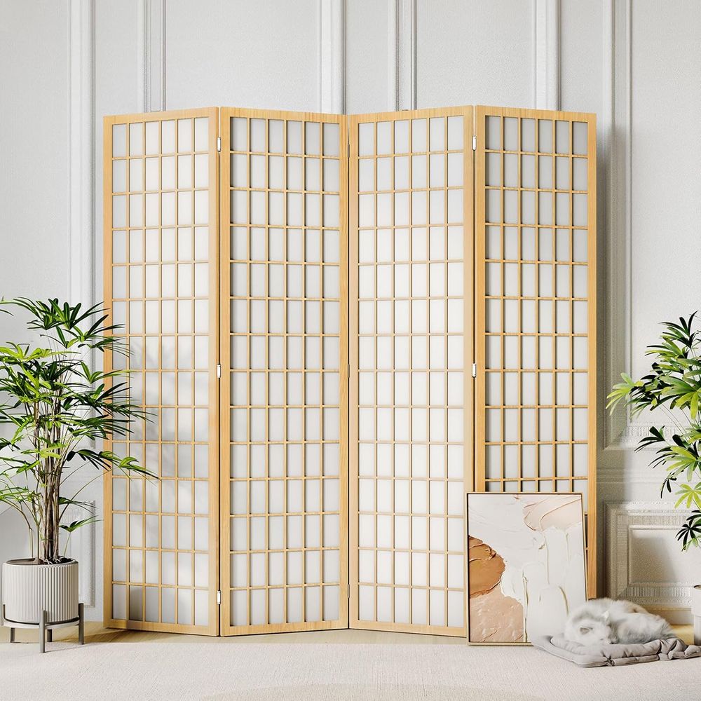 Shoji Screen Divider - ルームディバイダー壁4パネル、6フィート折りたたみ式プライバシースクリーン（部屋の仕切り用）、障子風ルームディバイダー、ナチュラル、高さ70.9インチ×幅69インチ