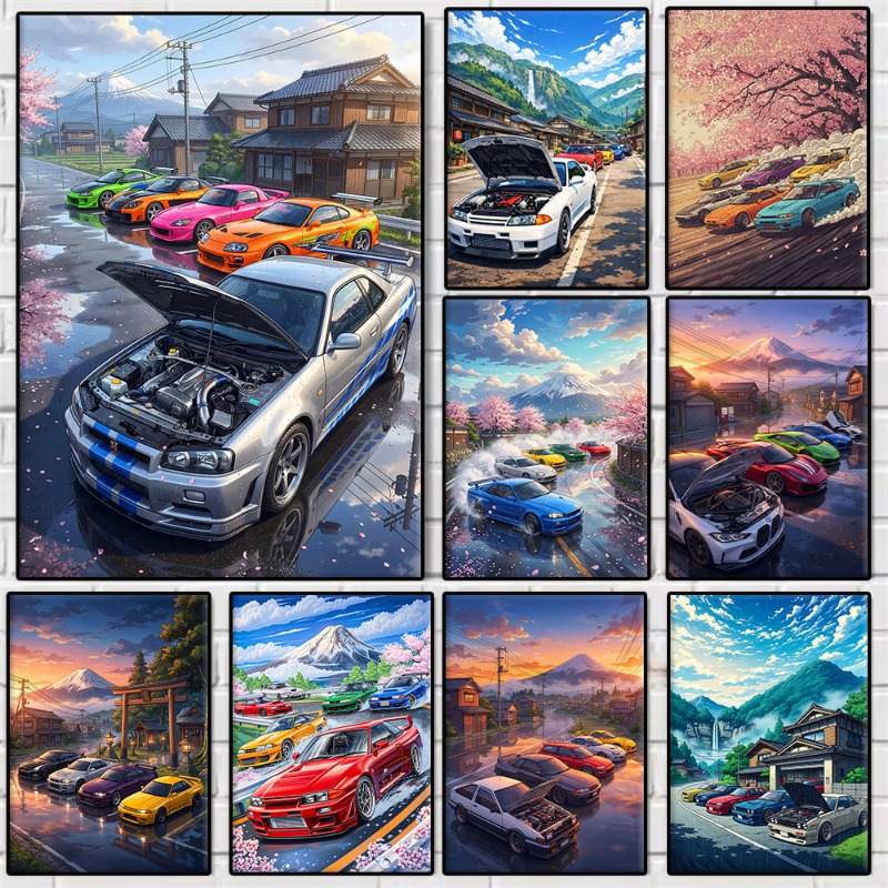 Japanese Living Lifestyle - アニメ日本のJDMカーGTR桜ポスタースポーツカーと富士山キャンバス絵画ウォールアートリビングルームの家の装飾用