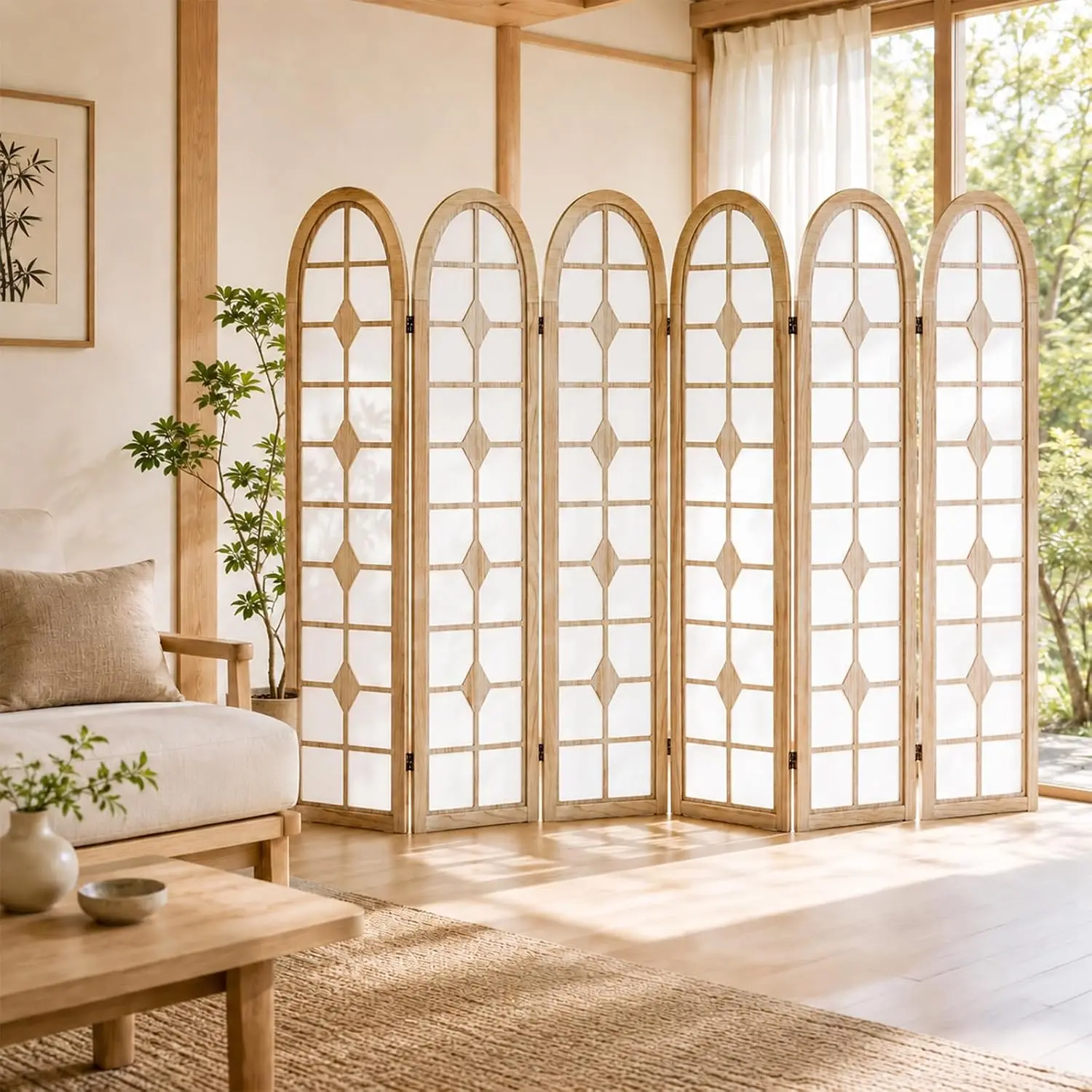Shoji Screen Divider - 6枚パネルの障子式間仕切り、木製折りたたみ式プライバシースクリーン、ナチュラル | 木製室内間仕切り、持ち運び可能な間仕切り