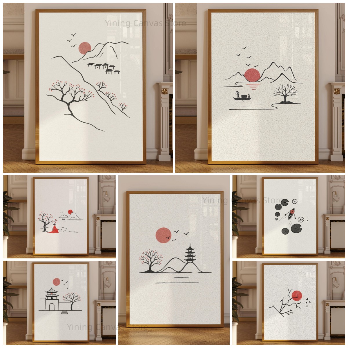 Japanese Zen Lifestyle - ミニマリストの日本水墨画ポスター、鳥の絵が描かれた赤い太陽の枝線アート、禅侘び寂びジャパンディ壁掛けアートプリント、モダンなアジアの装飾
