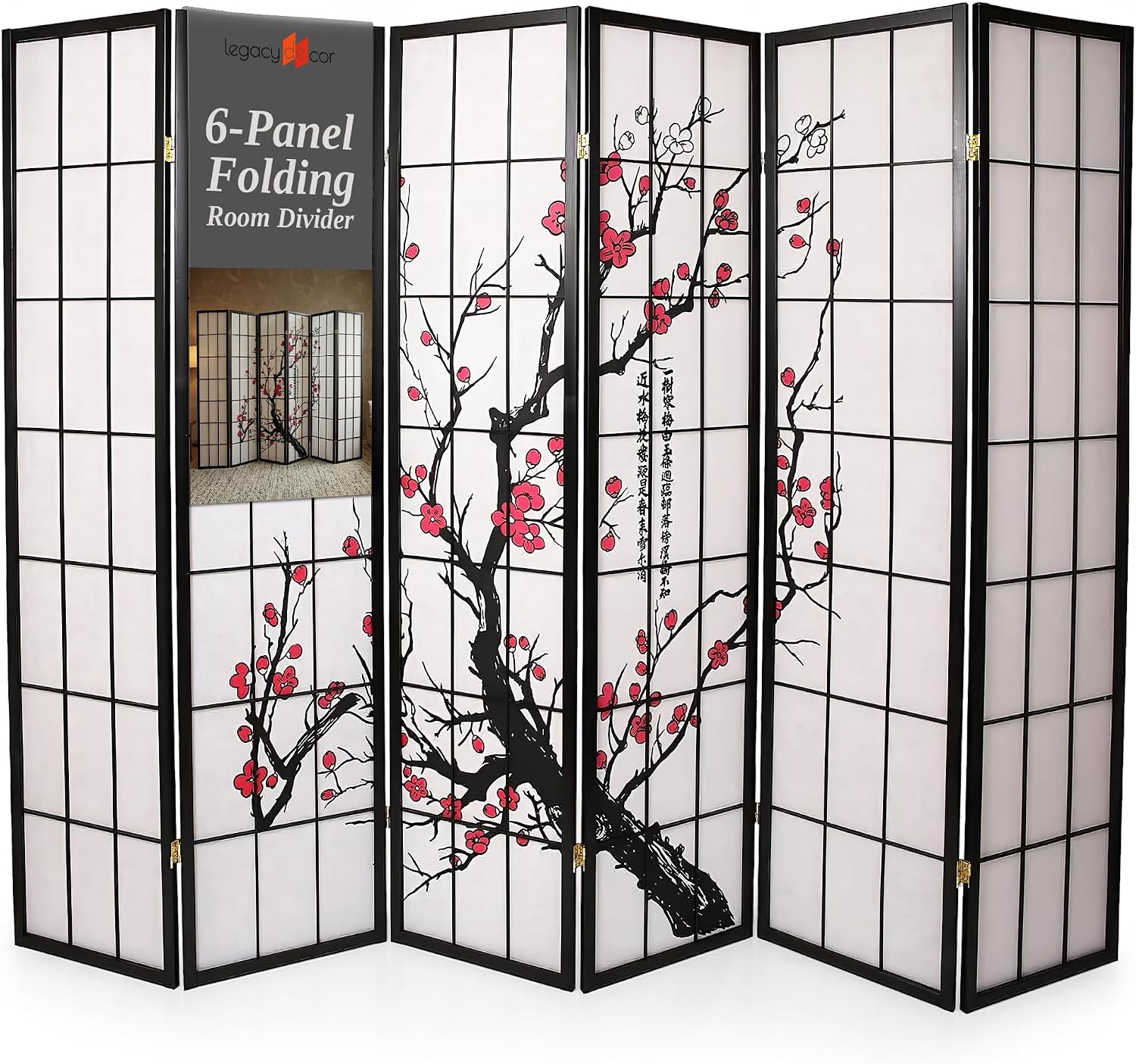 Shoji Screen Divider - 6パネルルームディバイダー ショウジスタイル ブラック 高さ71インチ x 幅104インチ