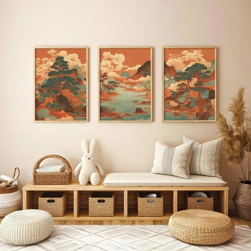 Japanese Living Lifestyle - 3 個ヴィンテージ日本浮世絵赤い風景キャンバス壁アート自由奔放に生きる美的ポスターリビングルームの家の装飾