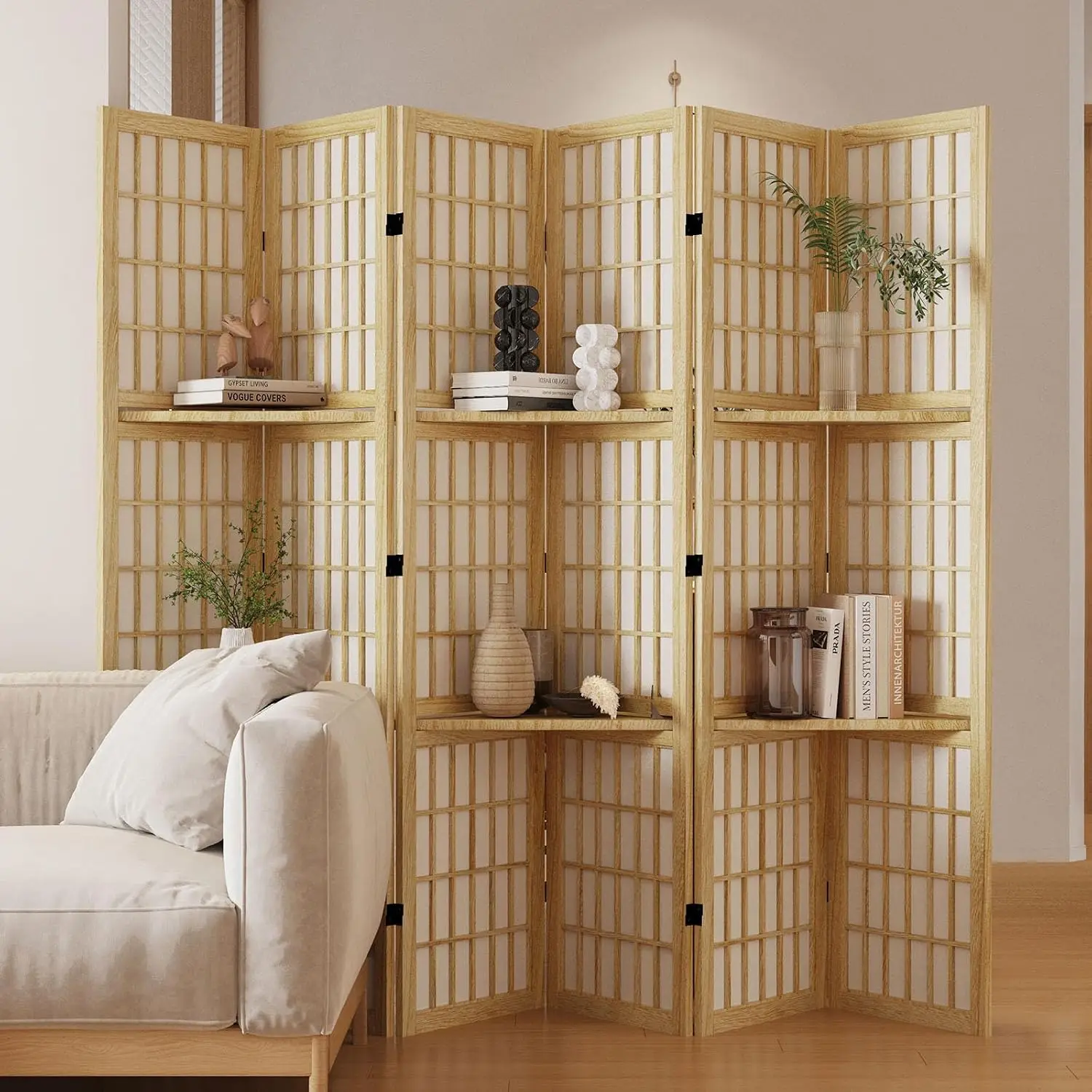 Shoji Screen Divider - 棚付き間仕切り、高さ66.9インチの和風障子型木製スクリーン、ダブルヒンジ付き、ホームオフィス、寝室、ホテルの装飾に最適