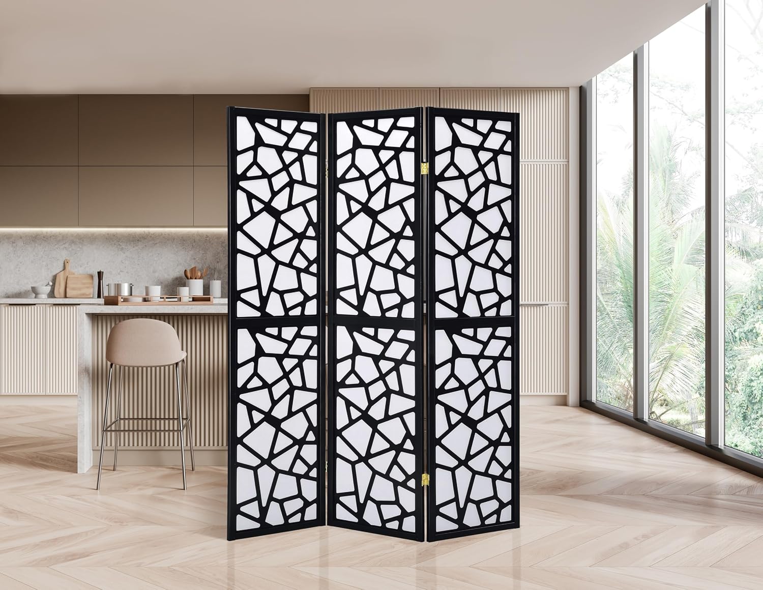 Shoji Screen Divider - 3パネルルームディバイダー プライバシースクリーン 現紙仕切り 高さ6フィート 和風プライバシールームディバイダー (幾何学模様ブラック、3パネル)