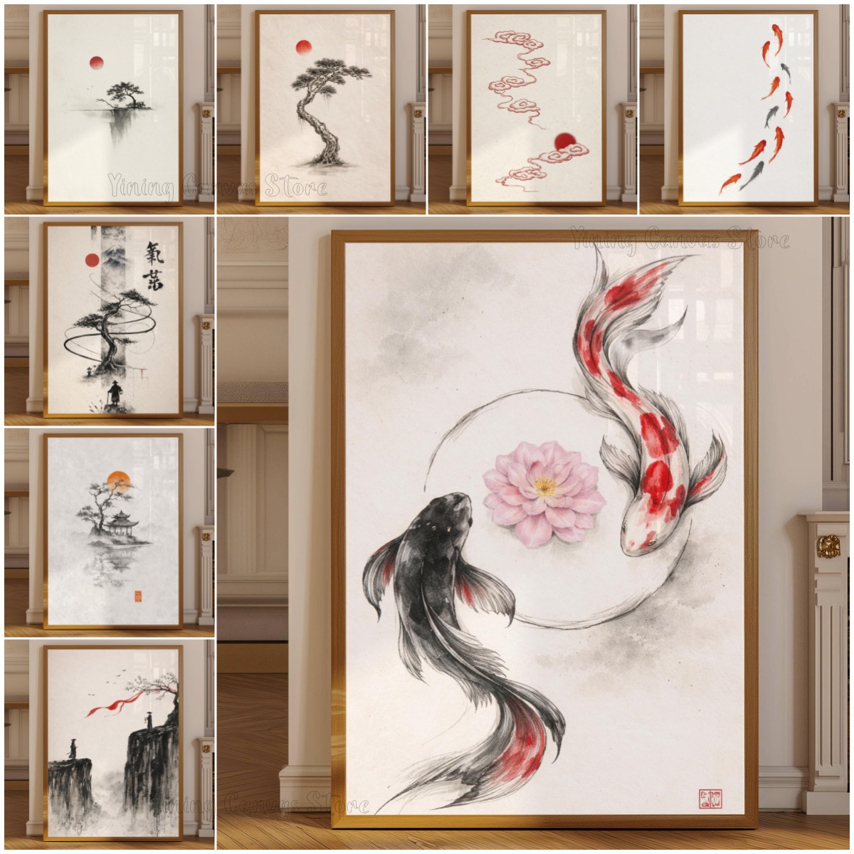 Japanese Zen Lifestyle - 水墨山水ポスター、墨絵塔壁アート、ミニマル禅水彩プリント、霧の山湖の反射装飾