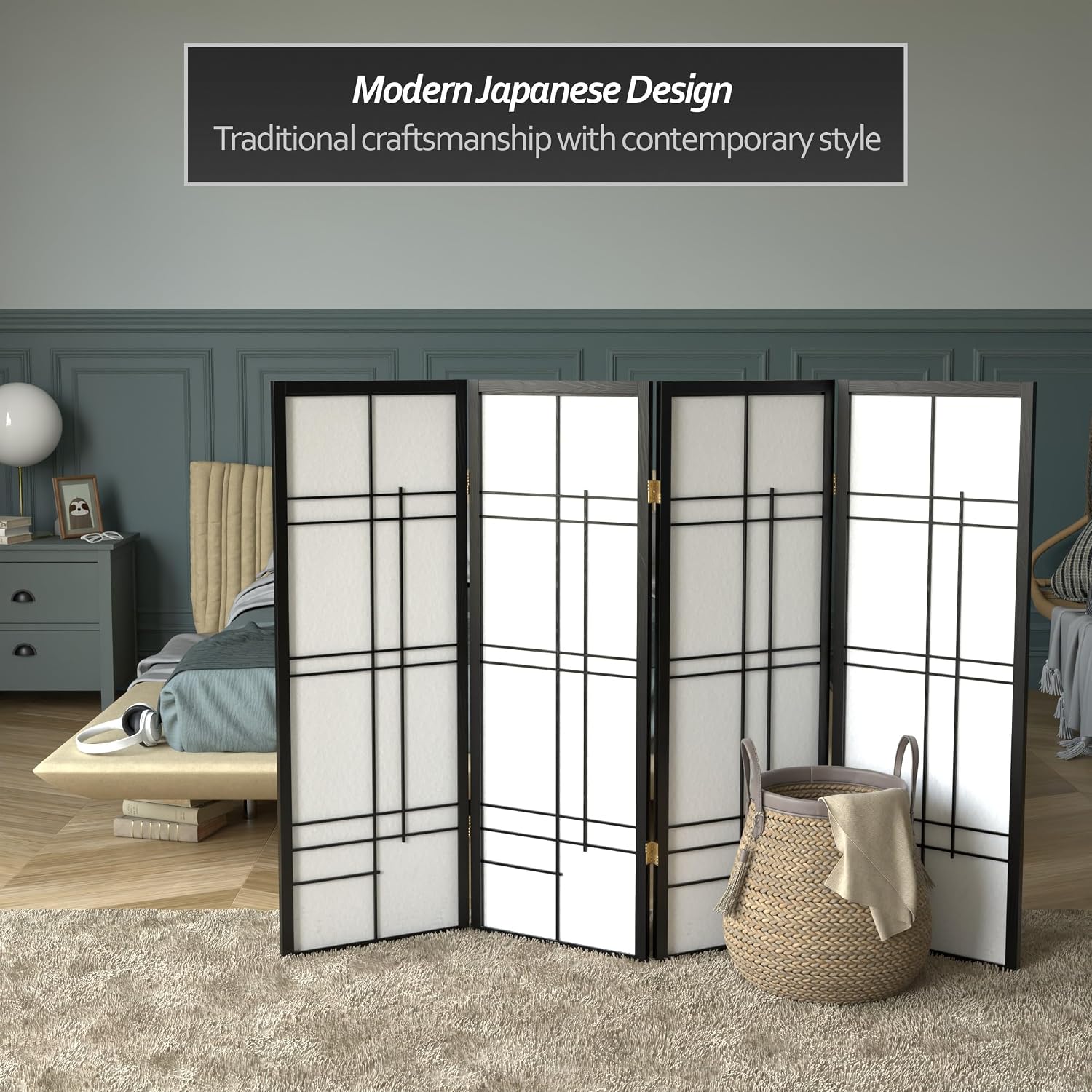 4枚パネルの障子スクリーンルームディバイダー - ブラック、 - Shoji Screen Divider のレビューと価格