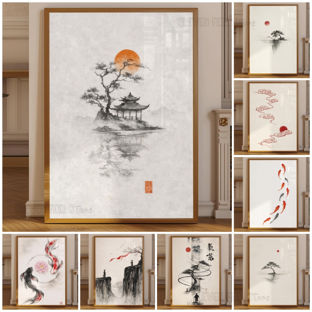 日本の水墨画ポスター、侘び寂び盆栽ウォールアートプリント、赤 - Japanese Zen Lifestyle のレビューと価格