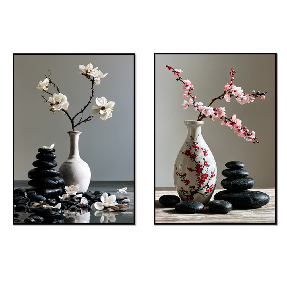 和風の桜とマグノリアの花瓶と黒い石が積み重なった静物画プリン - Japanese Zen Lifestyle のレビューと価格