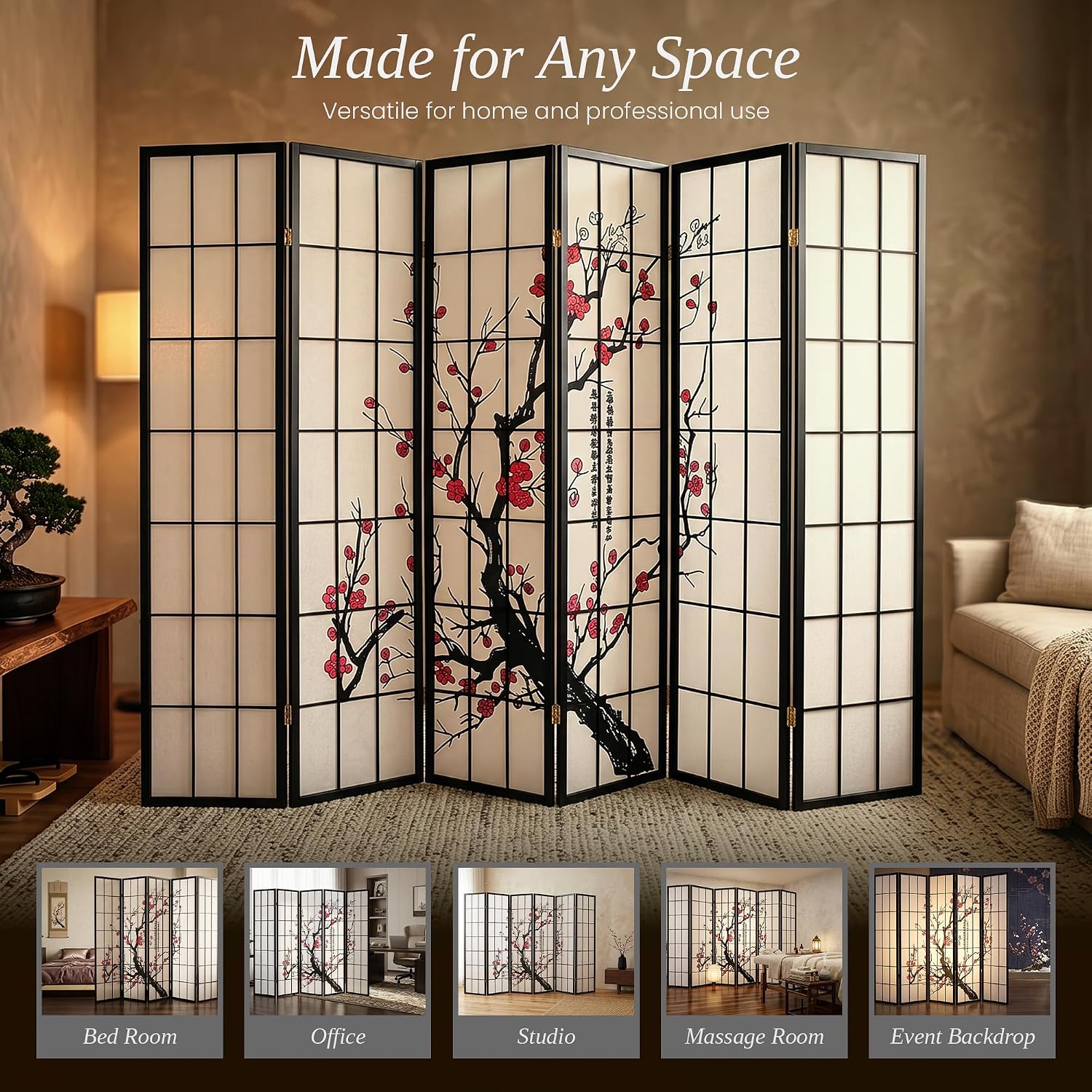 6パネルルームディバイダー ショウジスタイル ブラック 高さ - Shoji Screen Divider のレビューと価格