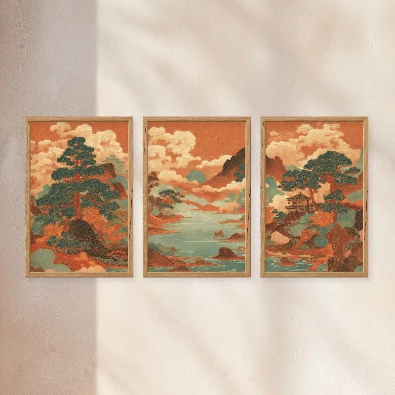 3 個ヴィンテージ日本浮世絵赤い風景キャンバス壁アート自由奔 - Japanese Living Lifestyle のレビューと価格