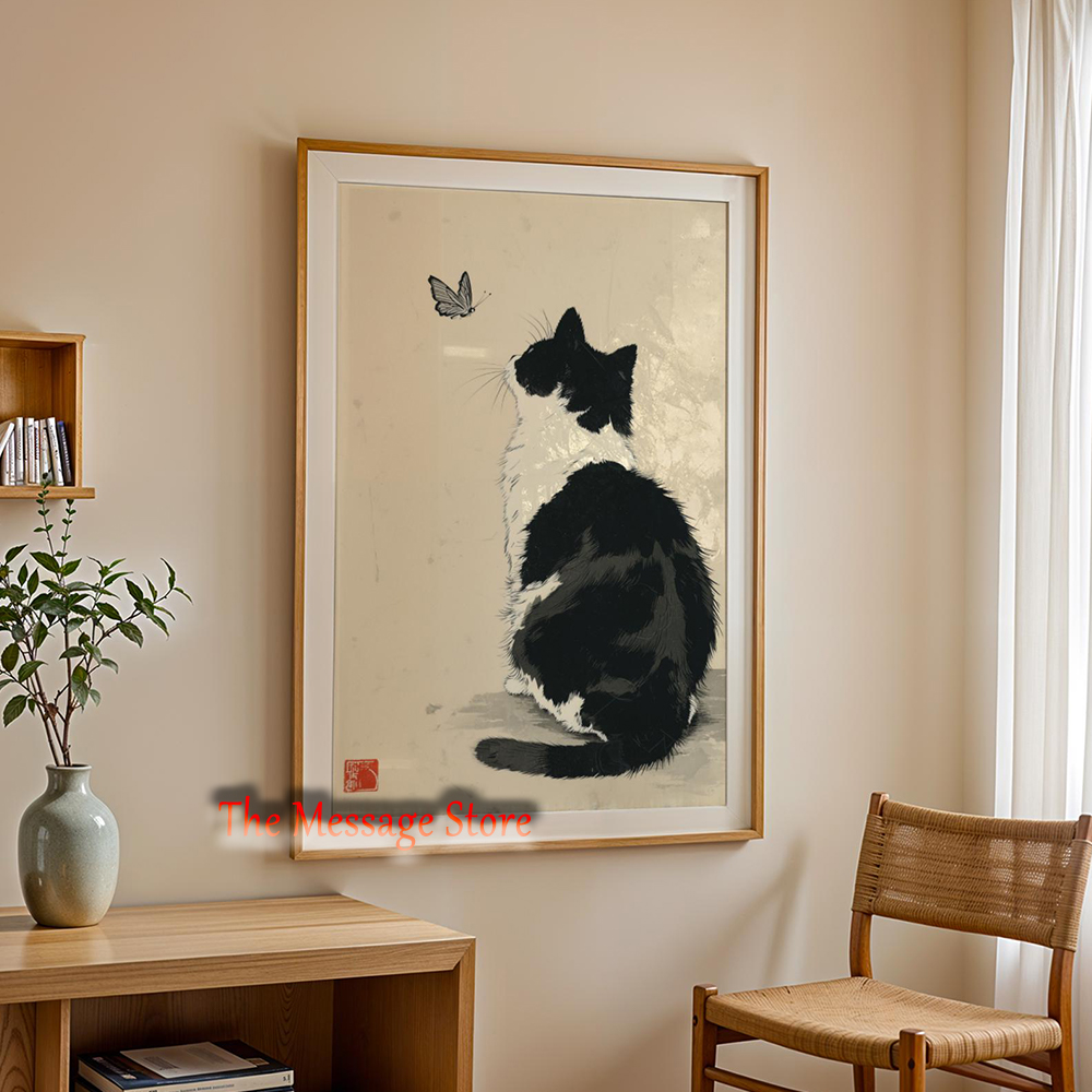 黒牛猫日本のミニマリスト猫禅動物ポスター中立的な家の装飾ヴィ - Japanese Zen Lifestyle のレビューと価格